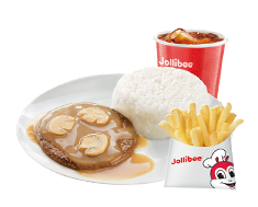Burger Steak with Fries and Drinks